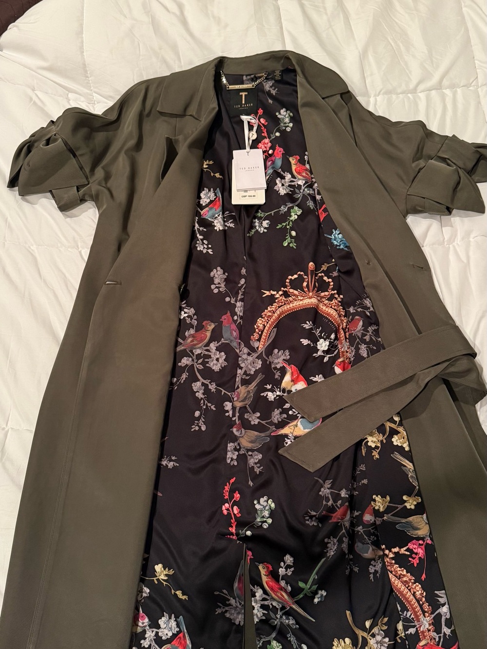 Ted Baker London Olive Trench with Bird & Floral Print Lining